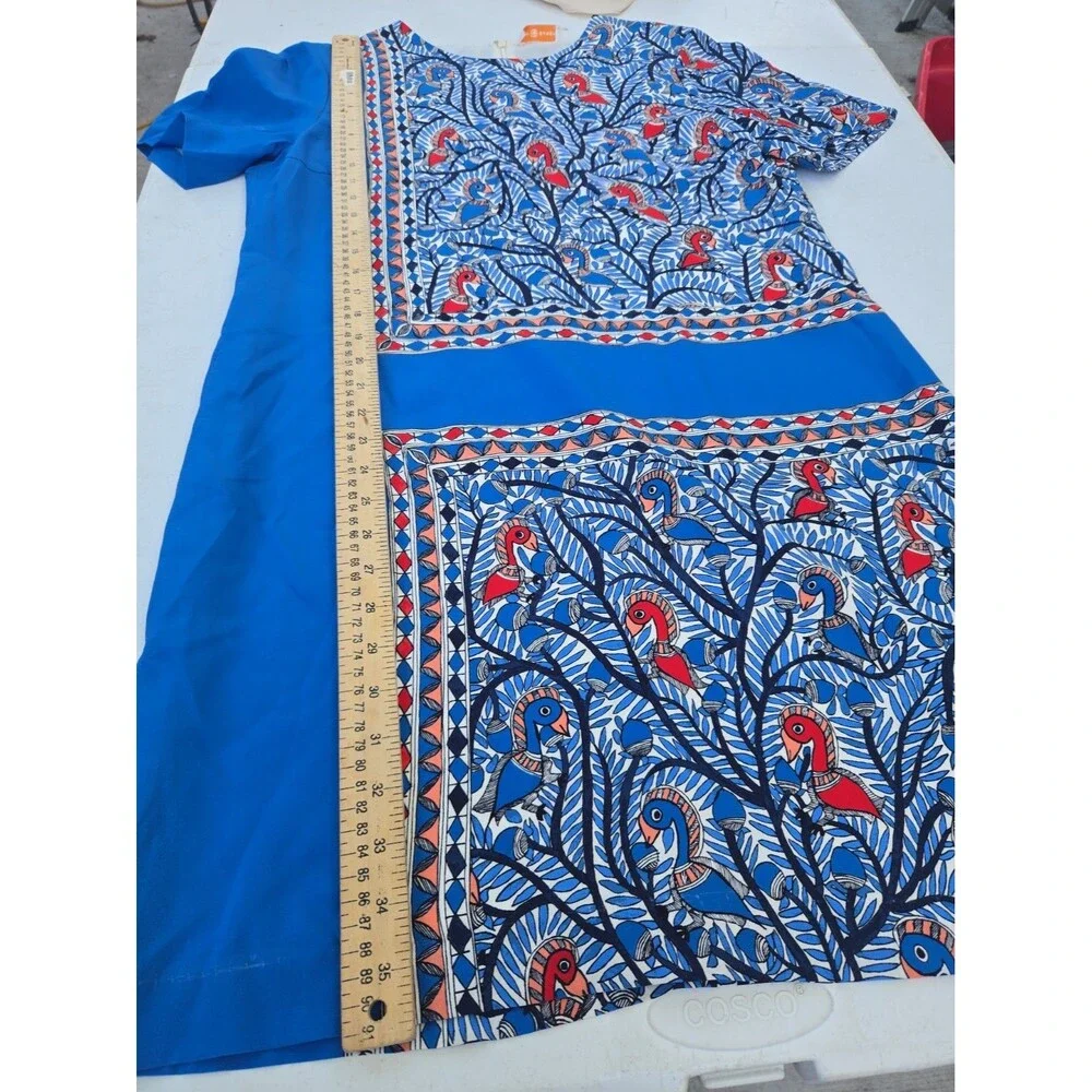 Tory Burch Mallory Silk Shift Mini Dress Blue Bird Frame Geo Print